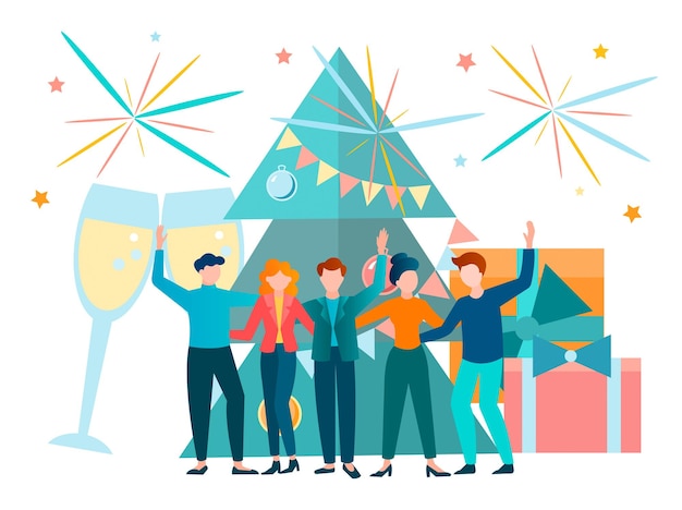 Vector new year and christmas party in the company of friends with fireworks vector illustration