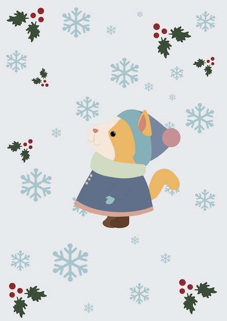 New year,Christmas pattern,poster.A kitten in clothes.The back of snowflakes