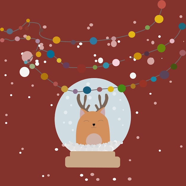 New year,Christmas pattern,poster.Lights,garland.Snow ball, globe a cat with deer horns