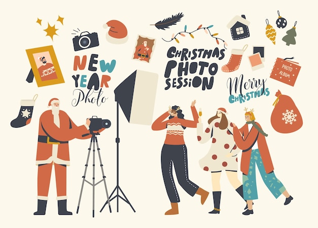 New Year, Christmas Photo Session Concept. Happy Girl Friends Company Characters Posing in Studio with Photographer in Santa Claus Costume and Professional Equipment. Linear People Vector Illustration