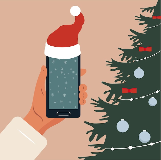 New Year or Christmas Smartphone or tablet space for text Christmas decorations Vector illustration