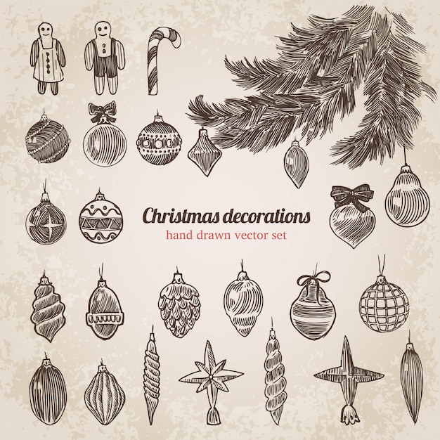 New Year Christmas tree decorations hand drawn engraving style vector set.