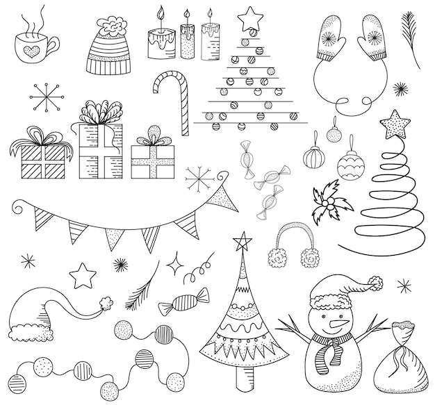 New year, christmas, winter doodle drawing, isolated, vector