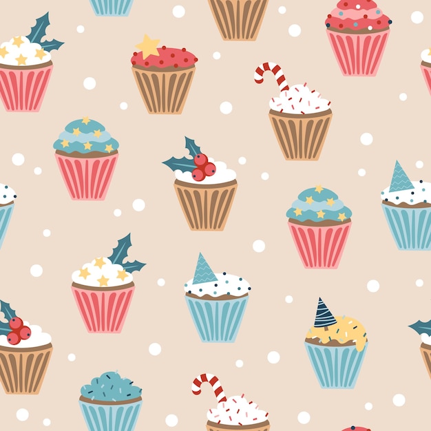 New Year Cupcake. Seamless pattern. Christmas set of cupcakes and muffins