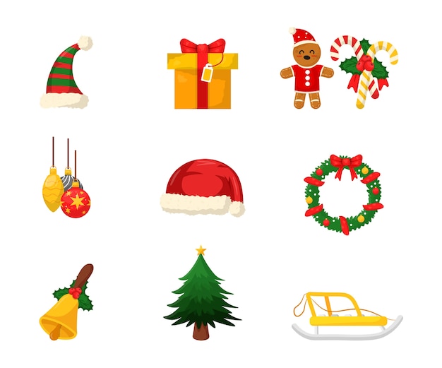 New Year decorations illustrations set, gift box, Santa hat, Christmas tree, wreath, sled stickers pack.