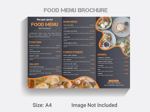 new year food design layout, A4 size trifold brochure food menu template.