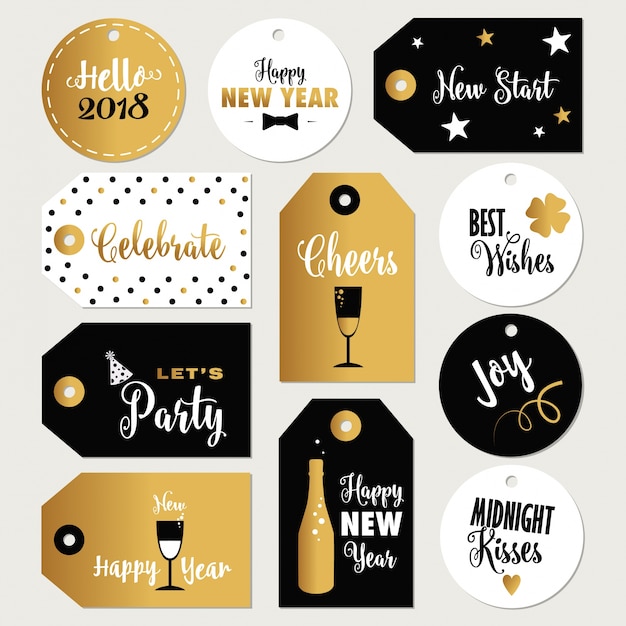 New Year gift tags typographic  design with illustrations and wishes. Holiday badges