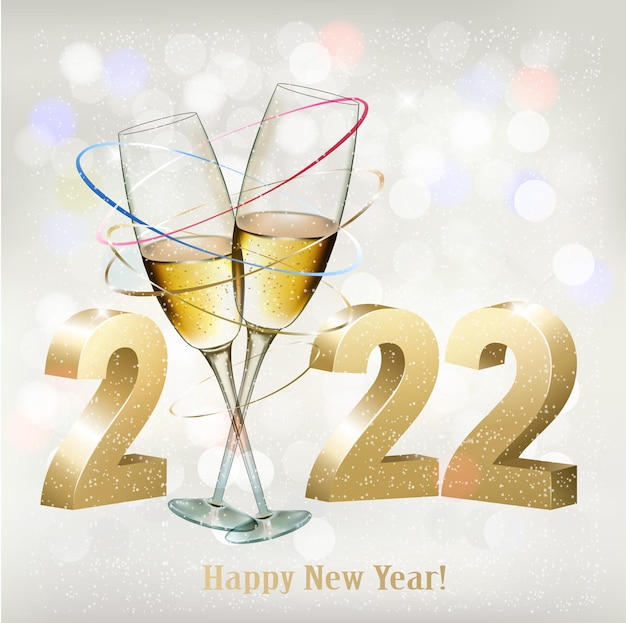 Vector new year holiday background with a 2022 and two glasses of champange. vector.