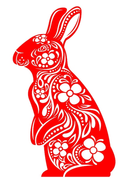 New Year Horoscope Red Rabbits Mascot Decoration With Flowers. Vector Hand Drawn Illustration