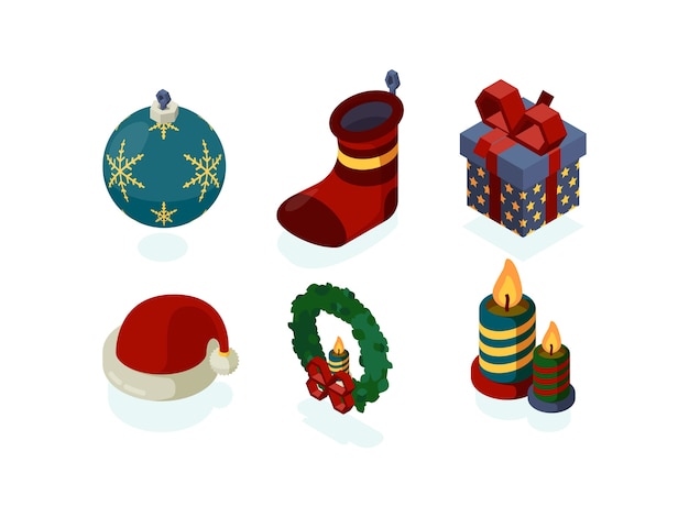 New year icons. Xmas accessories gifts tree lantern snow globe noel santa  isometric set