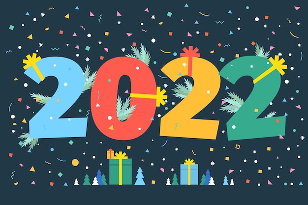 New Year party card. Numbers 2022 on dark background. Flat design, vector illustration.