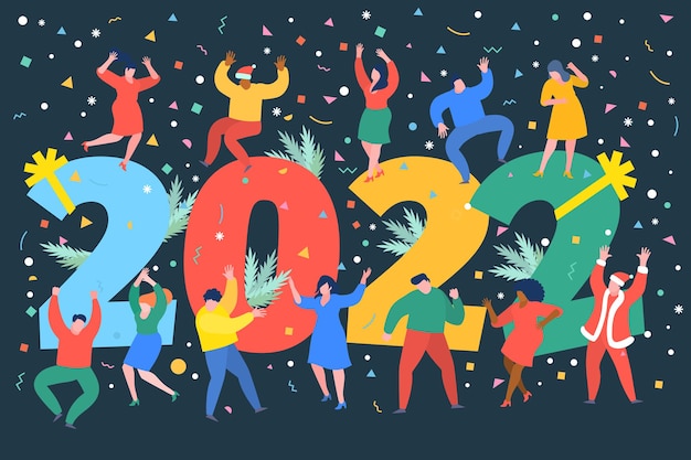 New Year party concept Business people dance next to numbers 2022