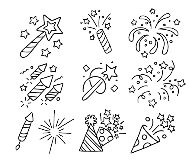 New year party doodle elements in black isolated over white background