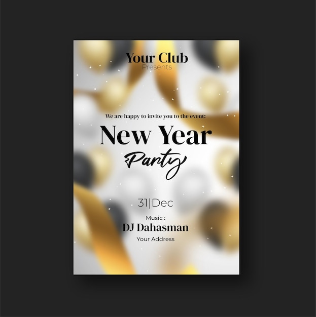 Vector new year party flyer design decorated with baubles balloons star particles and golden ribbons