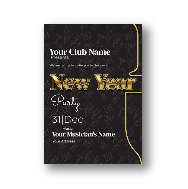 Vector new year party flyer design decorated with baubles balloons star particles and golden ribbons