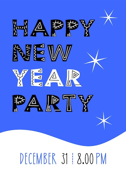 New Year party invitation. Holiday party template. Bright blue modern nordic style.