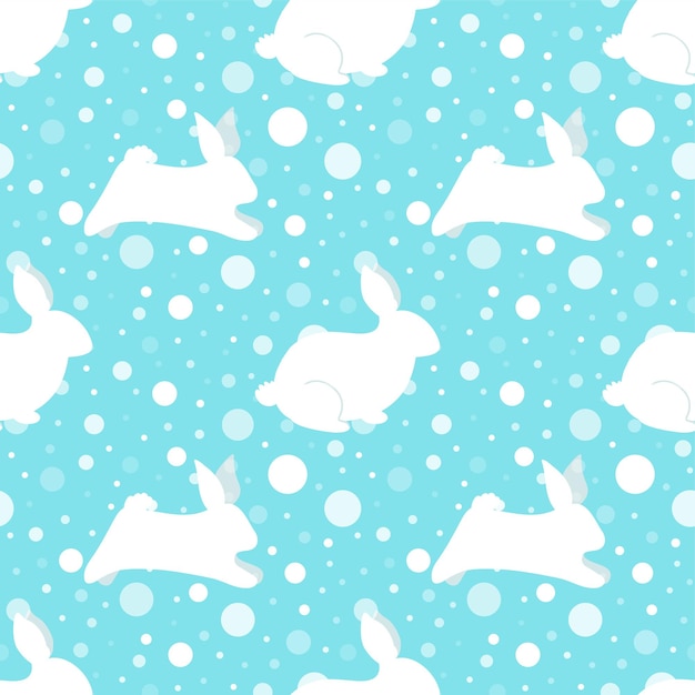 New Year rabbit pattern New Year 2023 seamless background textile fabric design Vector print with rabbits hare snowflakes Cute winter holidays illustration Polka dot Blue winter print