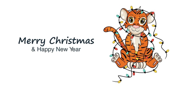 New Year's banner with the image of tiger and colorful garland. The symbol of the Chinese New Year. Merry Christmas and Happy New Year. Vector illustration  cartoon style