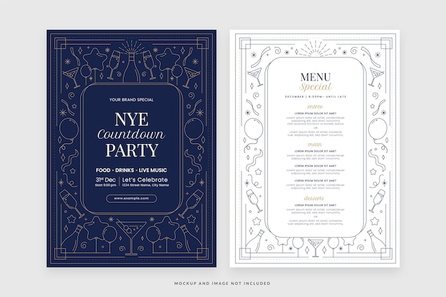 New Year's Eve Restaurant Menu NYE Party with Ornate White Navy Flyer Template in Vector