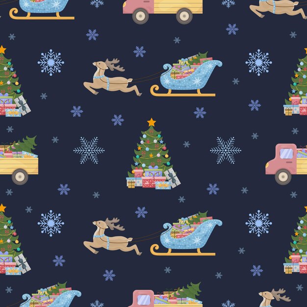 New Year's pattern Seamless Christmas pattern with the image of Santa's reindeer Christmas tree with gifts and cars with New Year's gifts A holiday card Vector