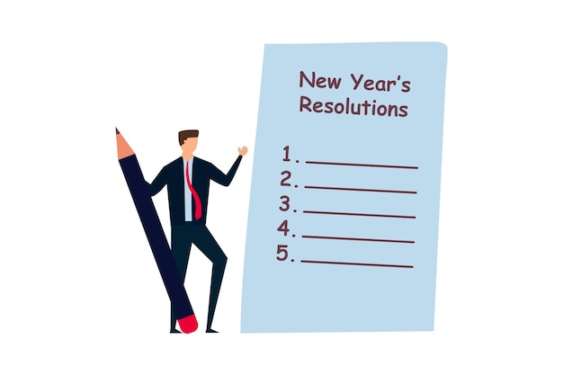 New year's resolutions businessman holding big pencil thinking about new year's resolution on notepad paper