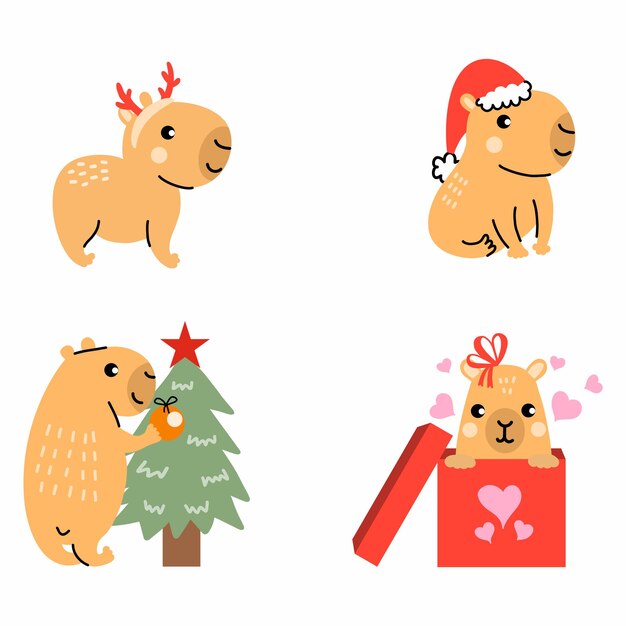 Vector new year set with cute christmas capybara cartoon style illustration postcard for holiday