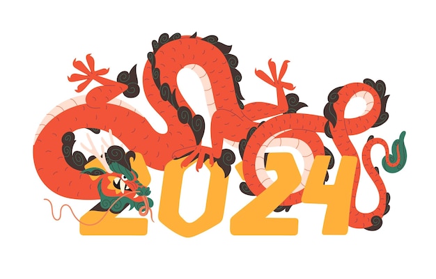 New year symbol of 2024 concept Oriental red dragon sit on number Chinese calendar Asian zodiac animal reptile from Japanese horoscope Flat isolated vector illustration on white background