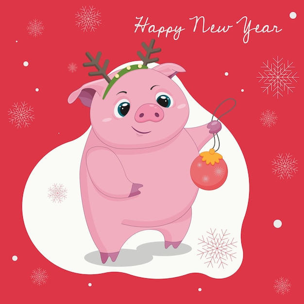 New Year vector greeting card with a funny pig and a Christmas tree toy