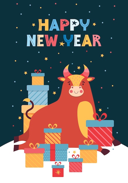 New year vector illustration for greeting card. Funny bull and a pile of colorful gift boxes