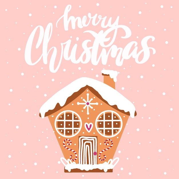 New Years card Christmas gingerbread house on a pink background Lettering Merry Christmas