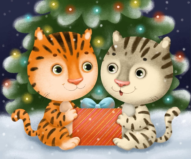 New Years Christmas cute illustration of cute tiger cubs sitting under the green festive tree.