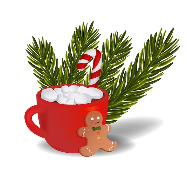 New Years cup with hot chocolate Christmas cookies and a branch of a fir tree Vector