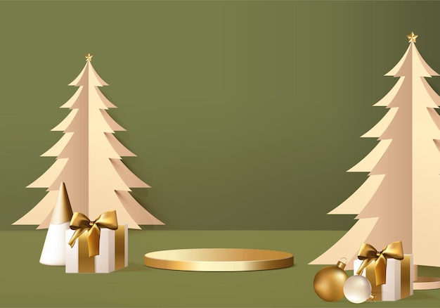 Vector new years minimal rendered stand 3d with gold tree and podium product. christmas tree background vector 3d rendering with gold podium. stand to show product. stand product showcase on christmas gold