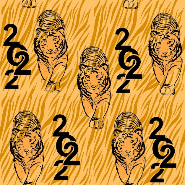 Vector new years tiger hand drawn illustration in one line seamless pattern vector symbol 2022