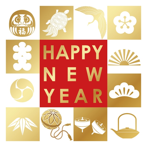 New Years Vector Greeting Symbol With Japanese Vintage Lucky Charms Isolated On A White Background.