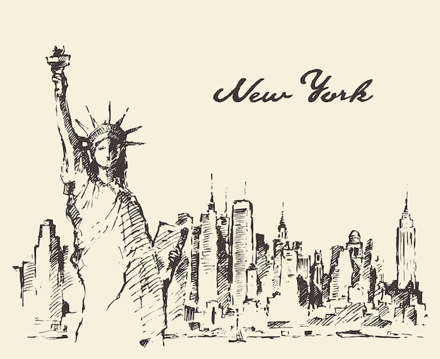 New York city skyline with Statue of Liberty on front, vector illustration, hand drawn, sketch