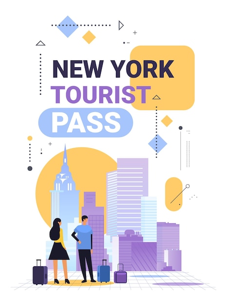 Vector new york city skyline with tourists and luggage modern flat design colorful geometric shapes travel theme