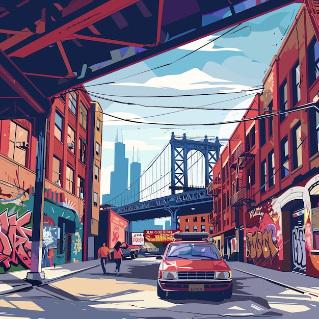 New York City street view with Brooklyn Bridge in the background Vector illustration