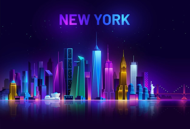 New York skyline America night city illuminated by neon lights USA cityscape