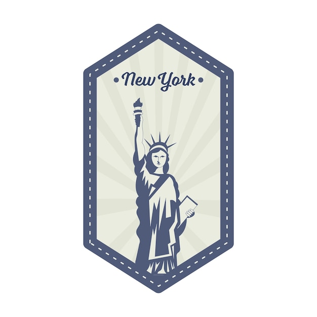 New York Stamp Or Label Design With Statue Of Liberty Against Rays Hexagon Background In Navy Blue And Grey Color