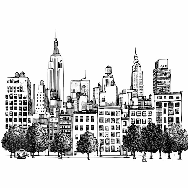 Vector new york urban skyline with yellow cab handdrawn black and white illustration