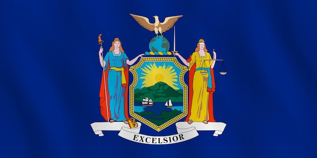 New York US state flag with waving effect, official proportion.