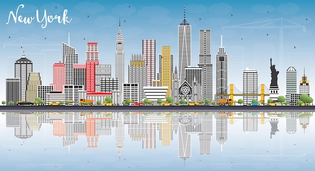 New York USA Skyline with Gray Buildings, Blue Sky and Reflections. Vector Illustration. Business Travel and Tourism Concept with Modern Architecture.