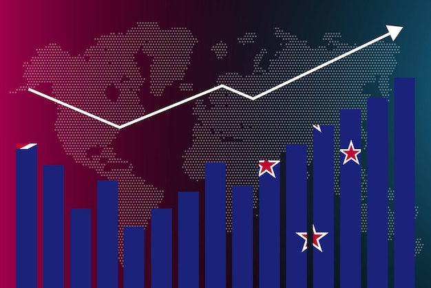 New Zealand bar chart graph with ups and downs, increasing values, New Zealand country flag on bar