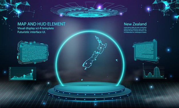 New Zealand map light connecting effect background abstract digital technology UI GUI futuristic HUD Virtual Interface with new Zealand map Stage futuristic podium in fog