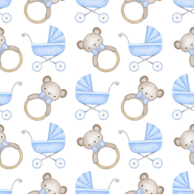 Newborn baby boy blue stroller and teddy bear teether background Nursery boy welements seamless pattern