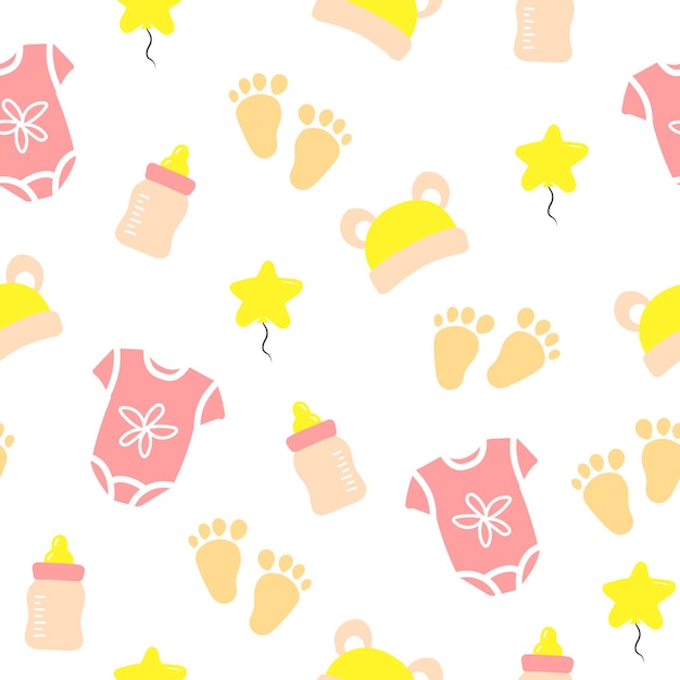 Newborn baby cartoon icon set Nursery seamless pattern Bodysuit cap footprints baby bottle star air balloon