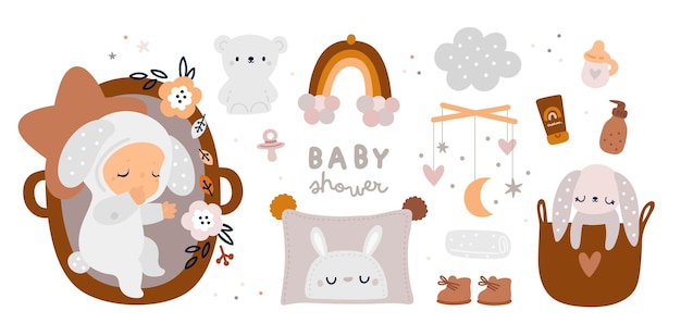 Newborn baby essentials collection in boho style. Nursery products for first year of life