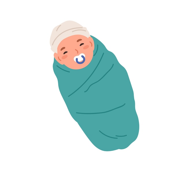 Newborn baby, wrapped in blanket. Sleeping infant, swaddled in cloth. Asleep little boy with nipple in mouth. New born child with pacifier. Flat vector illustration isolated on white background