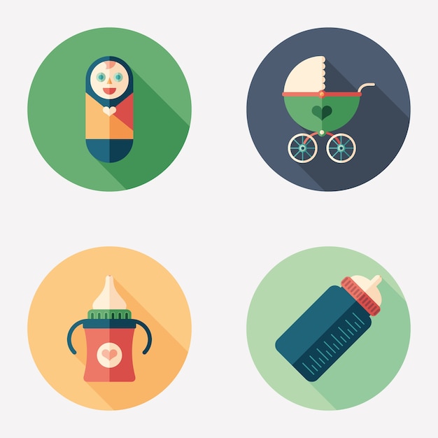 Newborn care flat round icon set.